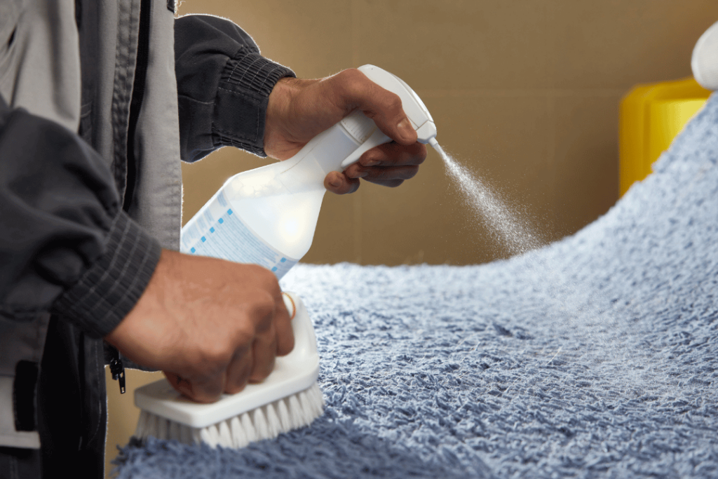 man using spray and scrubber to get stains our of the carpet