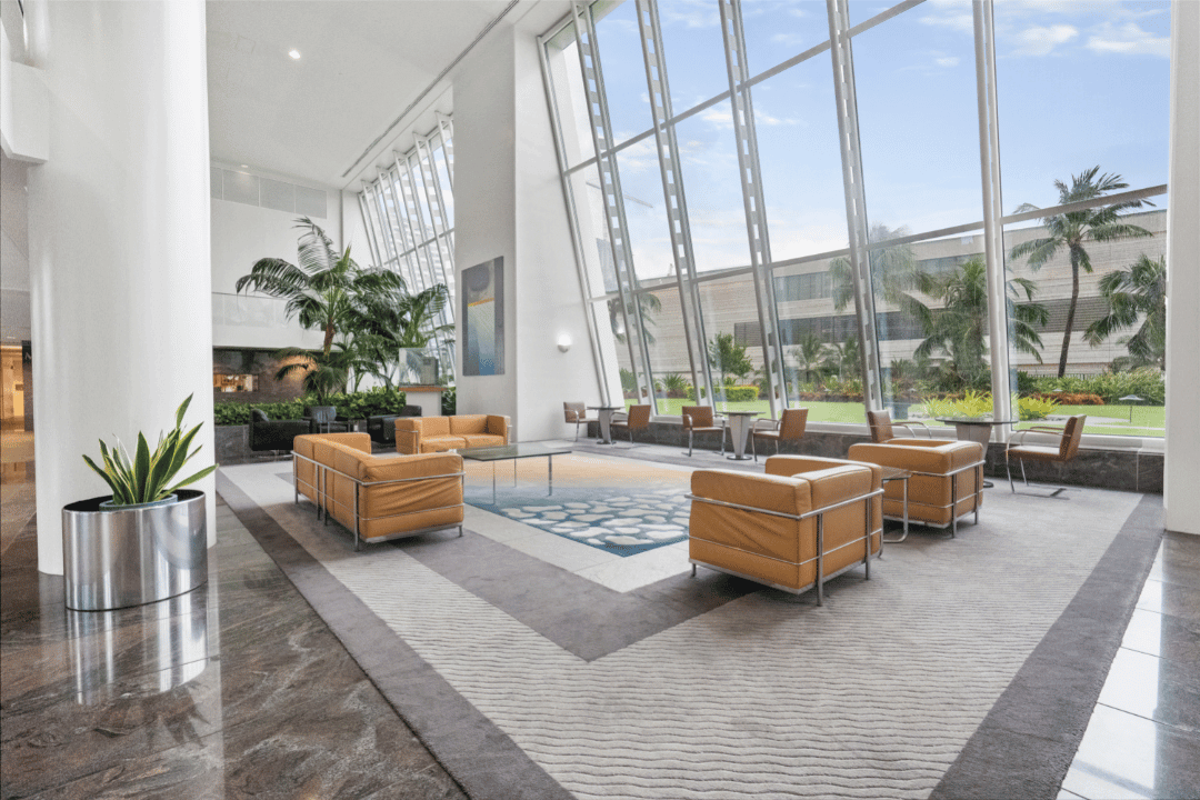 large modern lobby with perfectly clean multi-colored carpet