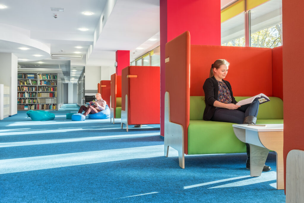 vibrant carpeting in office building